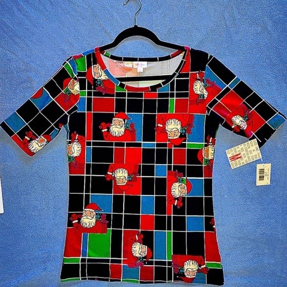 LuLaRoe Kids Short Sleeve Santa Plaid Tee - Red, Black, Green & Blue